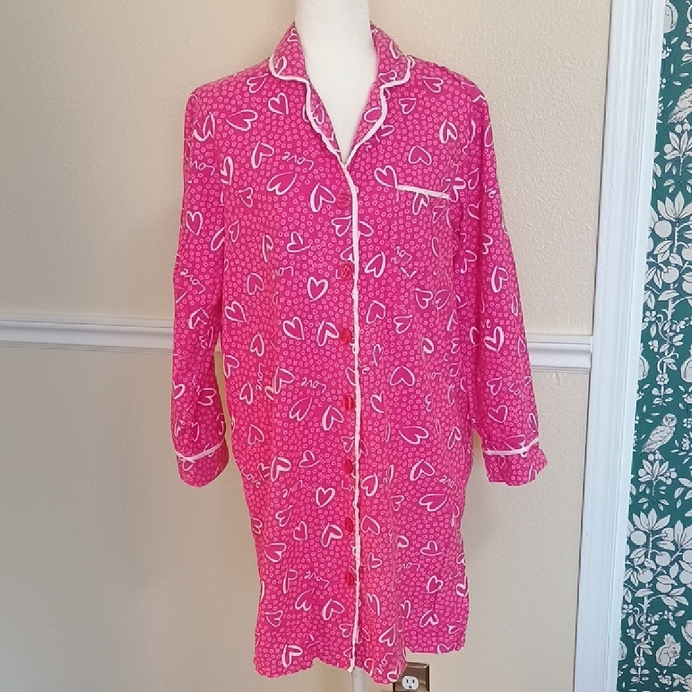 Charter Club Pink Heart Print Flannel Sleep Shirt